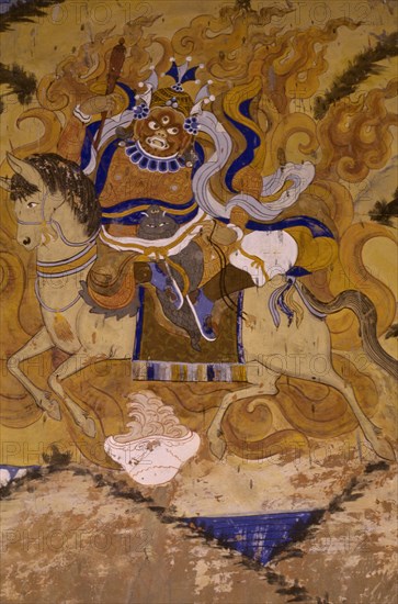 INDIA, Ladakh, Tikse Gompa, Fresco on Buddhist monastery wall depicting Guru Padmasambhava the founder of Tibetan Buddhism.