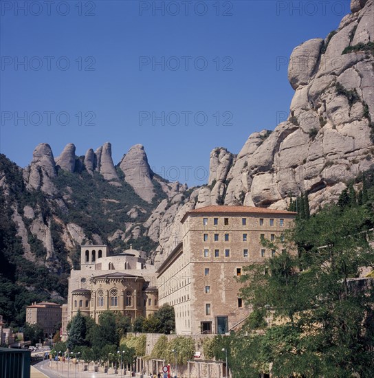 SPAIN, Catalonia, Montserrat, Monastery and base of  the mountains.