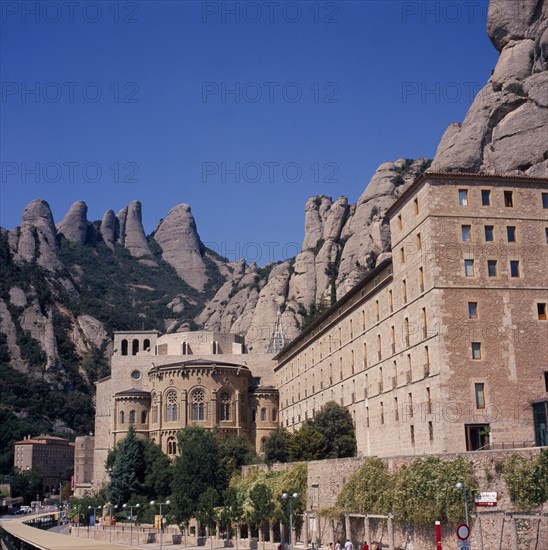 SPAIN, Catalonia, Montserrat, Monastery and base of  the mountains.