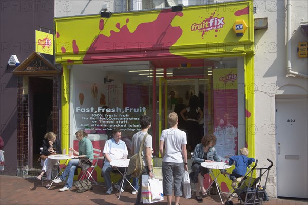 ENGLAND, East Sussex, Brighton, "Fruit Fix juice and smoothy bar in Duke street, North Laines."