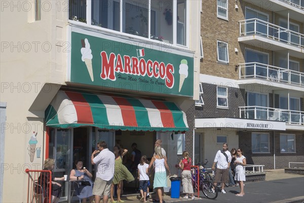 ENGLAND, East Sussex, Brighton, Morocco’s ice cream parlour exterior on Hove seafront.