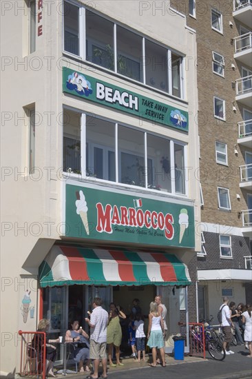 ENGLAND, East Sussex, Brighton, Morocco’s ice cream parlour exterior on Hove seafront.