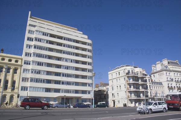 ENGLAND, East Sussex, Brighton, Embassy Court restored Art Deco apartment block on the sea front.