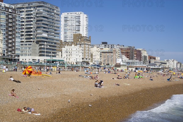 ENGLAND, East Sussex, Brighton, The beach with seafront apartment building behind.