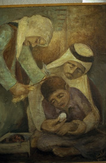 QATAR, Doha, "Painting of traditional medicine, a man treating a child’s head with a hot piece of metal, in Doha Museum"