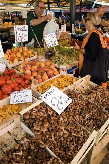 ITALY, Veneto, Venice, Fruit and vegetable stall in the Rialto market with shopper and vendor