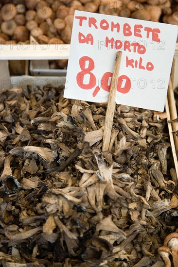 ITALY, Veneto, Venice, "Trombete da Morto, Trumpet of Death, mushrooms for sale in the Rialto Market"