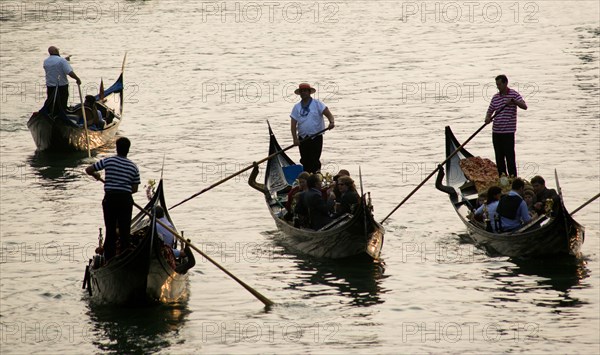ITALY, Veneto, Venice, Gondoliers carrying sightseeing tourists on their gondolas at sunset on the Grand Canal