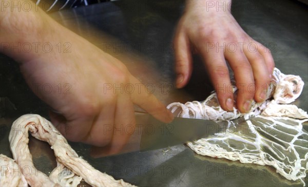 ENGLAND, Bristol, Bristol, Chef making pork sausages with coal