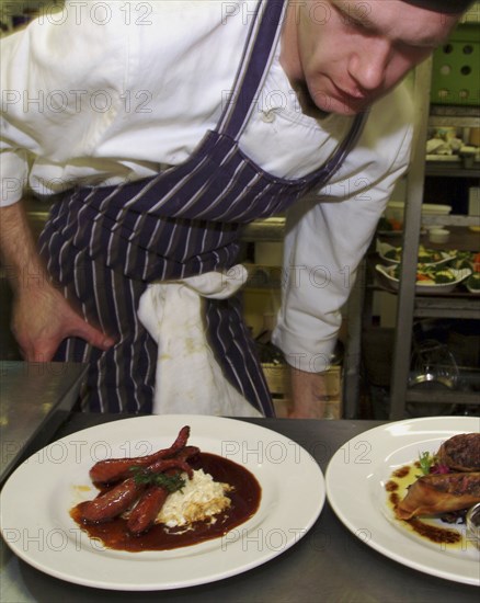 ENGLAND, Bristol, Bristol, Chef checking presentation