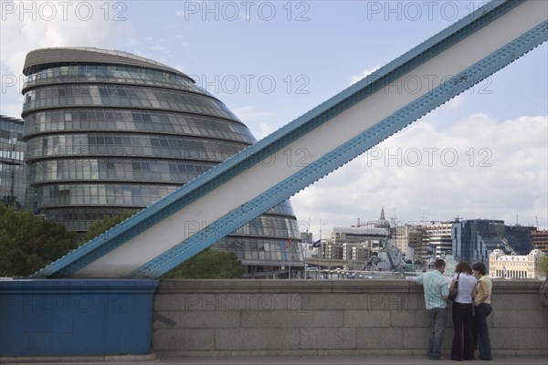 ENGLAND, London, Detail of Tower bridge with the GLA City Hall glass offices behind. Designed by Sir Norman Foster