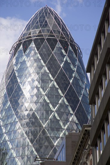ENGLAND, London, Detail of the Swiss RE Building alternatively known as the Gherkin. 30 St Mary Axe.