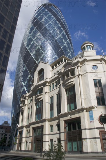 ENGLAND, London, The Swiss Re building 30 St Mary Axe alternatively known as the Gherkin. Designed by Architect Sir Norman Foster.