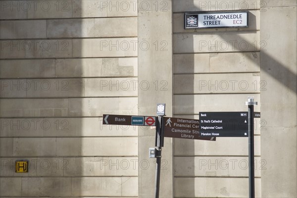 ENGLAND, London, Threadneedle Street sign on the exterior of the Bank of England Building.