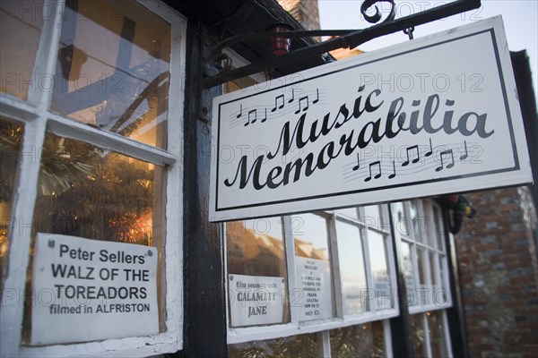 ENGLAND, East Sussex, Alfriston, Music Memorabilia shop sign.