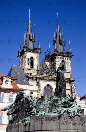 CZECH REPUBLIC, Bohemia, Prague, Statue of the Czech religious reformer Jan Hus in the Old Town Square outside the Church of Our Lady before Tyn