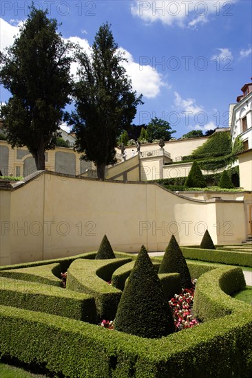 CZECH REPUBLIC, Bohemia, Prague, Trimmed box hedging and conifers at The Vrtba Gardens in the Little Quarter