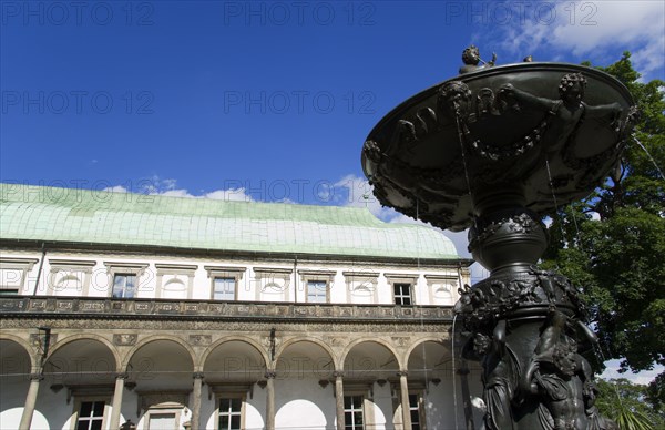 CZECH REPUBLIC, Bohemia, Prague, The Singing Fountain in front of the Belvedere or Royal Summer Palace in the Italian Renaissance style built by King Ferdinand I for his wife Anne