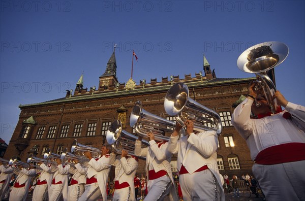 DENMARK , Zealand, Copenhagen, Brass band performing at open air concert outside the Radhus.