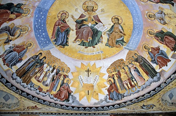 BULGARIA, Bachkovo, "Painting on ceiling in entrance to Church of Sveti Nikolai within monastery grounds, Bachkovo Monastery."