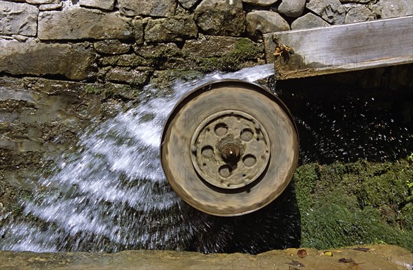 BULGARIA, Etara, "Ethnographic Outdoor Village Museum, near Gabrovo, water wheel and water."