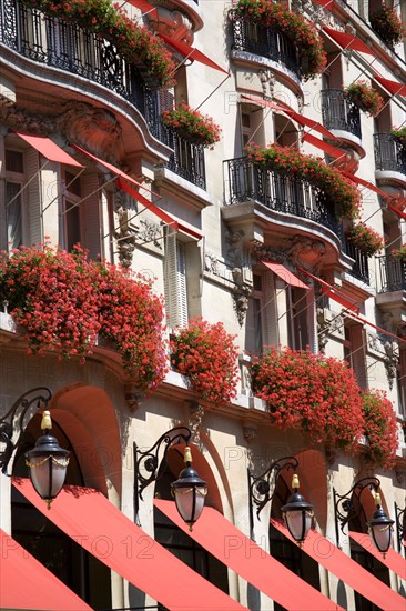 FRANCE, Ile de France, Paris, The facade of the five star Hotel Plaza Athenee on the Avenue Montagne in the heart of the haute couture fashion district with red geraniums in window boxes and red awnings