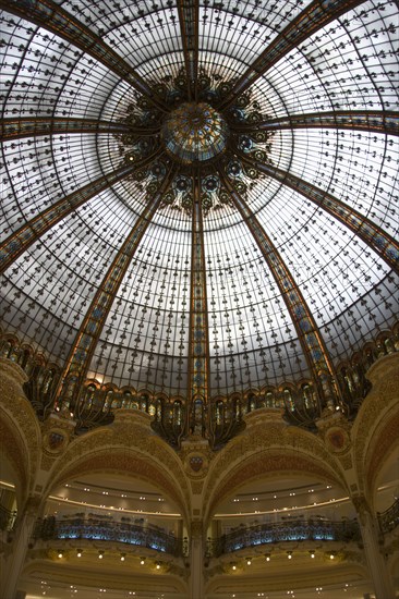 FRANCE, Ile de France, Paris, The Art Nouveau central glass dome of the Galeries Lafayette department store
