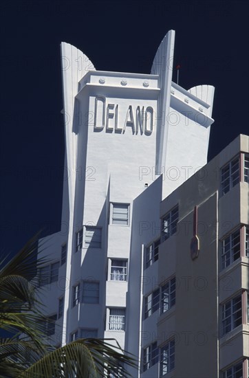 USA, Florida, Miami, South Beach. Collins Avenue. Detail of The Delano Hotel exterior