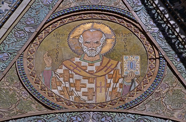 BULGARIA, Sofia, "Saint Nikolai Russian Church, colourful mosaic above entrance."