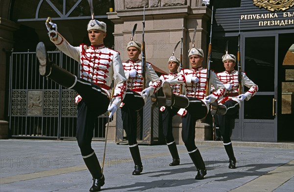 BULGARIA, Sofia, "Guard of honour marching during changing of the guard outside the Presidency Building, "