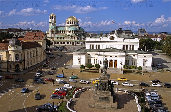 BULGARIA, Sofia, "Liberation Monument, Bulgarian Parliament Building, Science Academy, and Alexander Nevsky Cathedral."