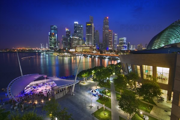 SINGAPORE, Esplanade, City view at dusk from the roof top promenade of Esplanade. Theatres on the Bay