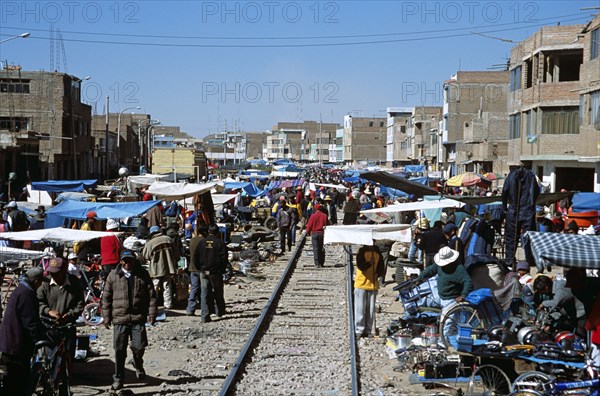 PERU, Juliaca , Passing through the town during Puno to Cusco Perurail train journey.