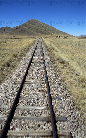 PERU, Transport, "Railway track through the Andes mountain range, Puno to Cusco Perurail train journey."