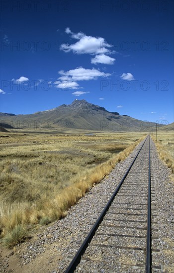 PERU, Transport, "Railway track through the Andes mountain range, Puno to Cusco Perurail train journey."