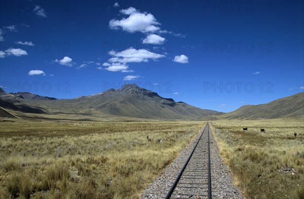 PERU, Transport, "Railway track through the Andes mountain range, Puno to Cusco Perurail train journey."