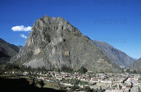 PERU, Near Cusco, Ollantaytambo, "Pinkuylluna Mountain and town of Ollantaytambo, Sacred Valley of the Incas."