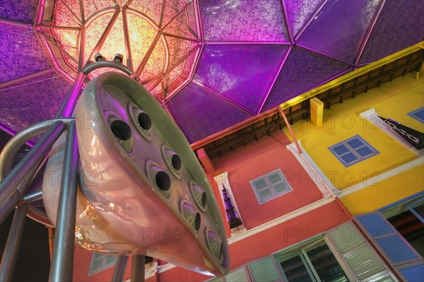 SINGAPORE, Clark Quay., Colorful buildings and canopy roof detail with ‘Air Mover’ mechanical fan system.