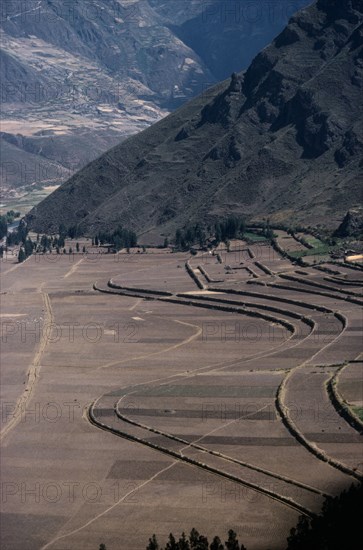 PERU, Cusco, Agriculture, Contour ploughing and terraces near Pisac.