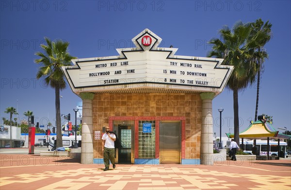 USA, California, Los Angeles, Hollywood. The entrance to the Hollywood and Vine Metro Station.