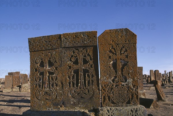 ARMENIA, Noradouz, Carved memorial stones or Khachkars dating from 13th century.