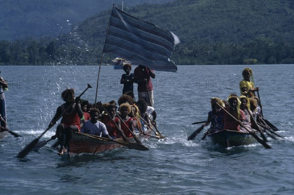 PACIFIC ISLANDS, Melanesia, Solomon Islands, "Malaita Province, Lau Lagoon.  Wedding party arriving by canoe."