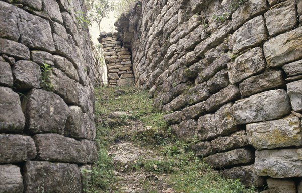 PERU, Amazonas, Chachapoyas, "Kuelap Fortress ruins, Chachapoyas culture also known as the Cloud Forest People.  Site discovered 1843.  Steep, narrow pathway between stone walls."