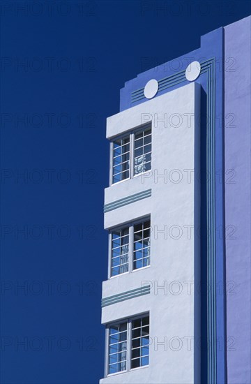 USA, Florida, Miami, South Beach. Ocean Drive. Art Deco Park Central Hotel exterior. Detail of side elevation