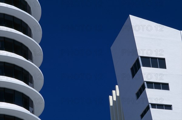 USA, Florida, Miami, South Beach. Ocean Drive.  Art Deco curvilinear and rectilinear architecture