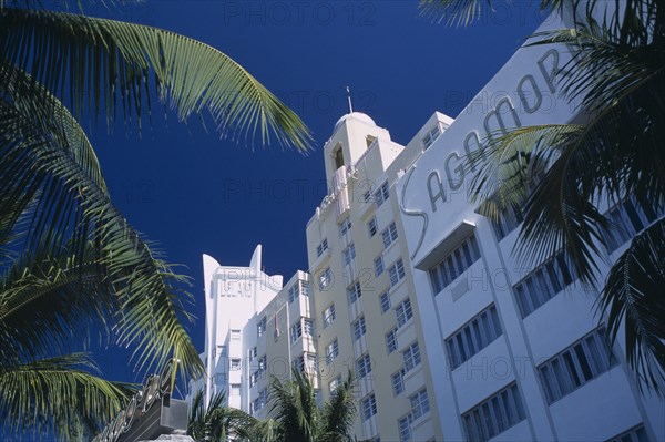 USA, Florida, Miami, "South Beach. Collins Avenue. The Delano, The National and The Sagamore Hotel facades framed by  palm tree branches"