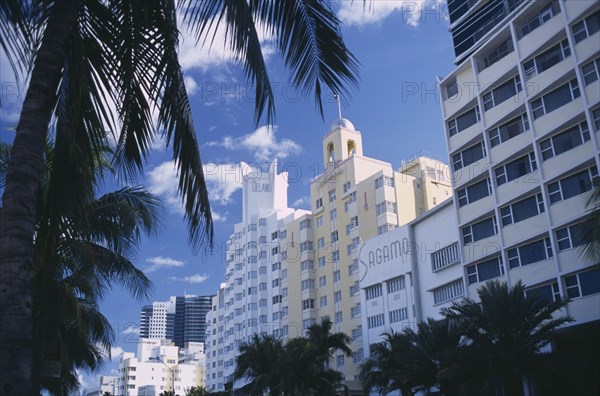 USA, Florida, Miami, "South Beach. Collins Avenue. The Delano, The National and The Sagamore Hotel facades with palm trees in the foreground"