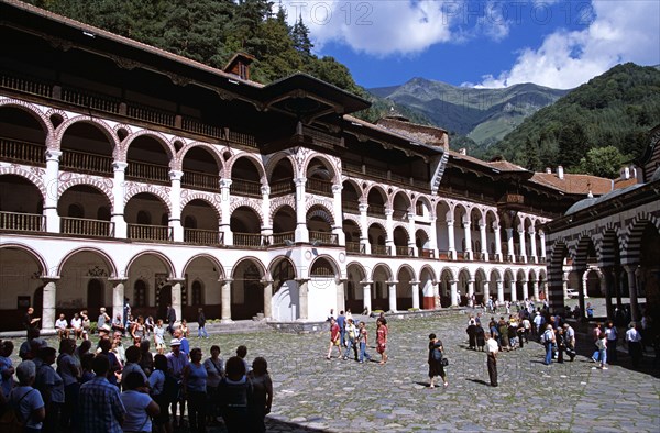 BULGARIA, Rila, "Monastic cells, balconies and courtyard, Rila Monastery."