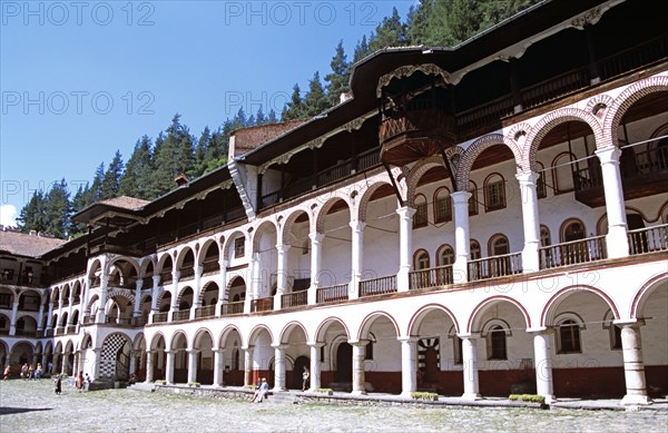 BULGARIA, Rila, "Monastic cells, balconies and courtyard, Rila Monastery."