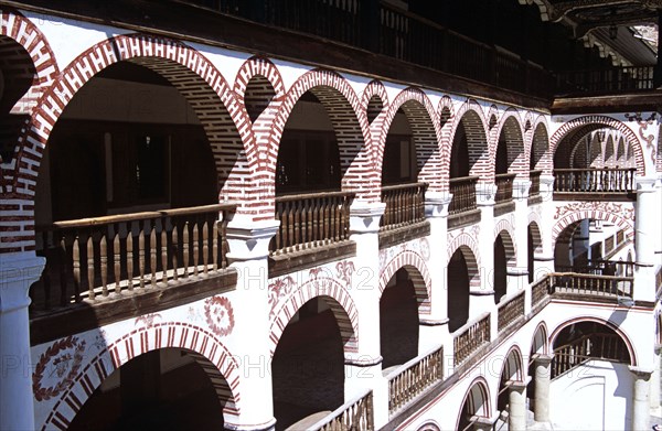 BULGARIA, Rila, "Monastic cells, balconies and courtyard, Rila Monastery."